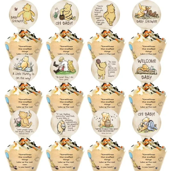 72 Pcs Winnie Baby Shower Cupcake Toppers and Wrappers Set 36 of Each, Classic The Pooh Party Supplies for Birthday Party or Bridal Shower Decoratio