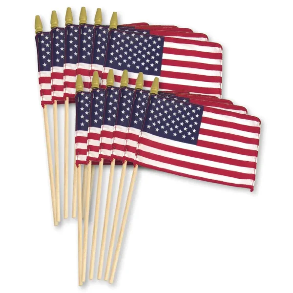 US Stick Flag 8in x 12in Standard Wood Stick with Spear Tip - 12pk, Red