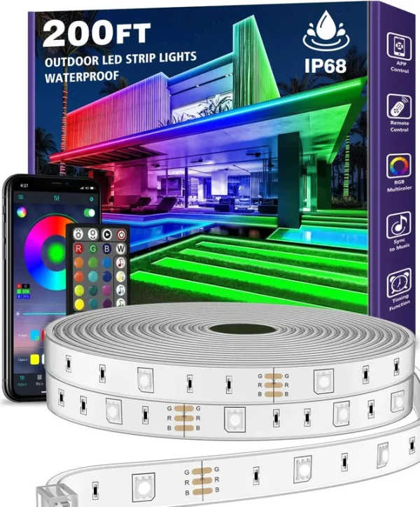 AILBTON 200ft Outdoor LED Strip Lights Waterproof with Adhesive backing,IP68 Outside LED Light Strips Waterproof with Bluetooth App Remo