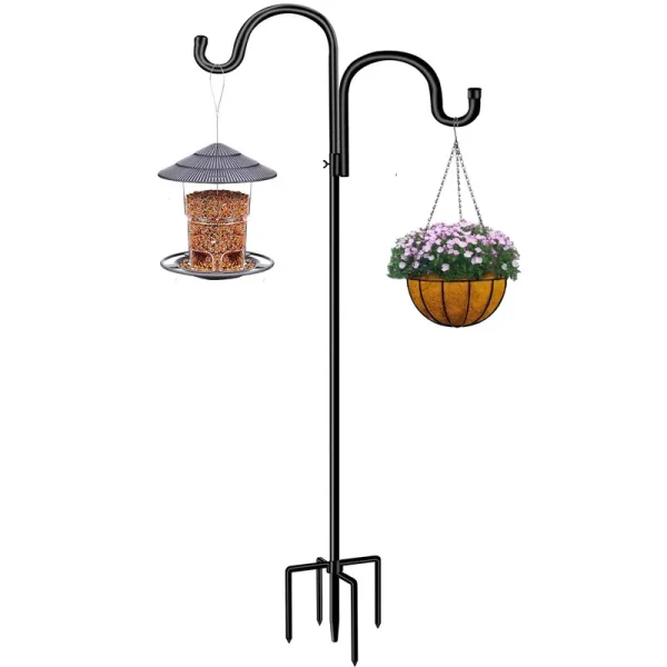 Double Shepherds Hook for Outdoor,62 inch Bird Feeder Pole with 5 Prongs Base,Adjustable Heavy Duty Garden Hanging Holder for Hanging Plant,Solar