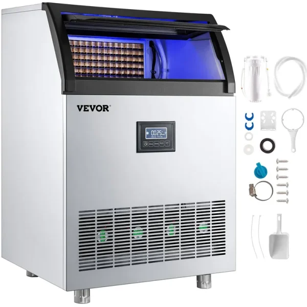VEVOR 110V Commercial Ice Maker Machine 265lbs/24h, 750W Stainless Steel Ice Machine with 55lbs Storage Capacity, 126 Ice Cubes