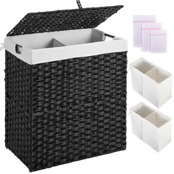 Greenstell Laundry Hamper with Lid, No Install Needed, 110L Wicker Laundry Baskets Foldable 2 Removable Liner Bags, 2 Section Clothes Hamper