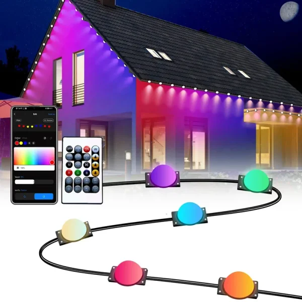 Smart Permanent Outdoor Lights Waterproof, 50ft 25LEDs Eaves Lights App & Remote Control, Color Changing Outdoor Lights with DIY Modes for Party