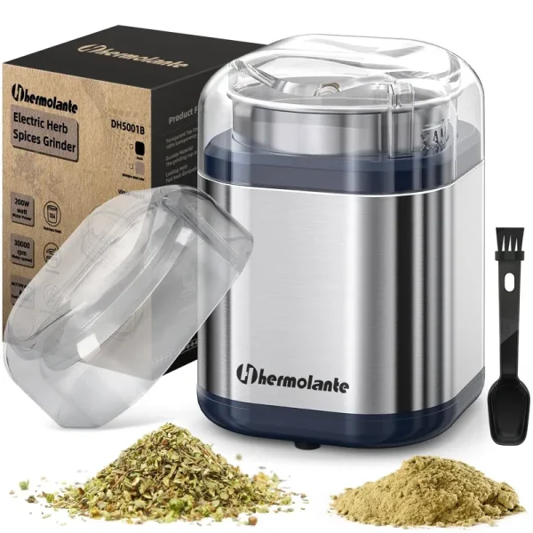 Hermolante Herb Grinder Spice Grinder 200 W Herb Grinder with Stainless Steel Blade and Cleaning Brush Compact Size Electric Grinder for Herbs and SPI