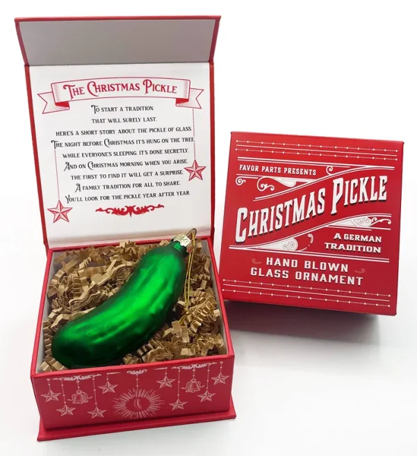 Favor Parts German Christmas Pickle Ornament Tradition Decor - Green Glass Tree Decoration - Gift Boxed with Story & Legend