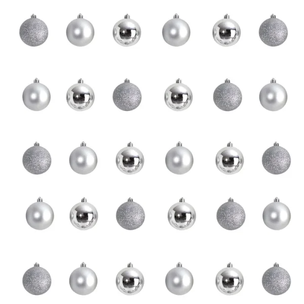 Nearly Natural Holiday Christmas 30 Count 2.5in. Shatterproof Ornament Set with Re-Useable Storage Container, Silver