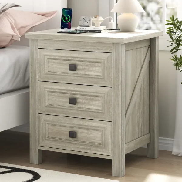 IDEALSOUL Nightstand, Bedside Table with Charging Station, Farmhouse 3 Drawer Nightstand Rustic Night Stand End Tables for Bedroom Living Room, Gray