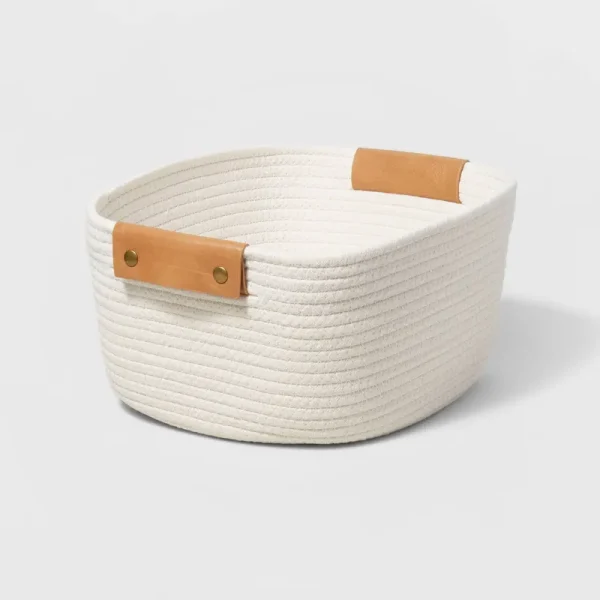 Decorative Coiled Rope Square Base Tapered Basket Small Threshold, Ivory