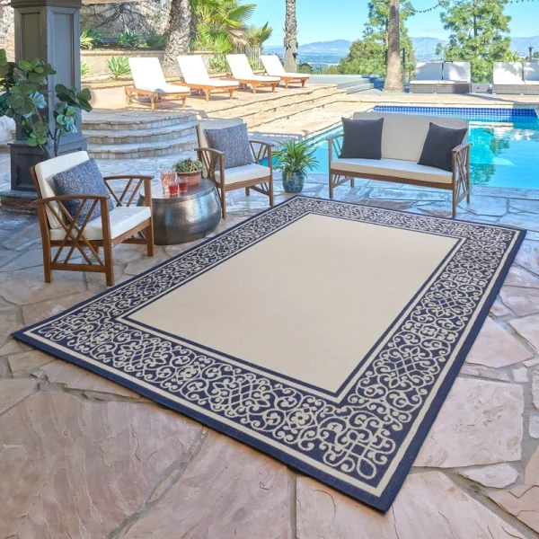Gertmenian Paseo 6 x 10 Sand Navy Indoor/Outdoor Border Area Rug | 19577