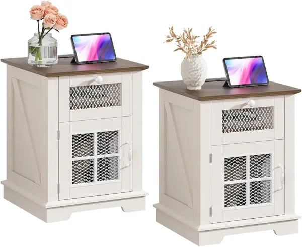 Nightstand Set of 2 with Charging Station, Farmhouse Night Stand Set 2, with 1 Drawer and 1 Cabinet Magnetic Metal Mesh Barn Door, Rustic Wood Bedside for Bedroom, End Table, White (2 Pieces)
