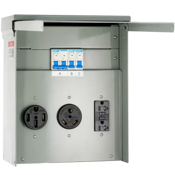 KFFKFF Portable Power Supply Panel, 125/250V, Equipped with 20/30/50 Amp Socket for RV, Compliant with NEMA 14 - 50R / NEMA TT - 30R / 15A GFCI, Ideal for RV Camper Trailer Motorhome