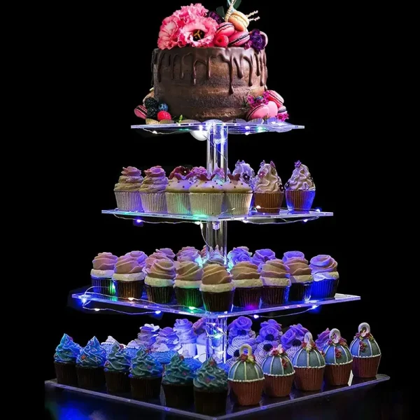 BLBYHO 4 Tier Acrylic Cupcake Tower Stand, Clear Square Dessert Treat Display, Cake and Cupcake Stand Set, Candy Bar Party D��cor, Bases para
