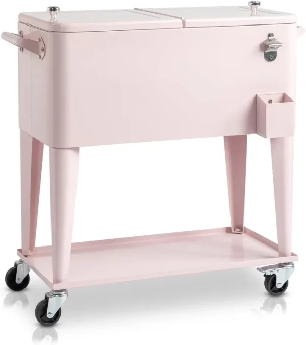 80 Quart Rolling Ice Chest, Portable Bar Drink Cooler with Catch Basin, Bottom Storage Tray and Bottle Opener for Patio Party BBQ Beach Activities