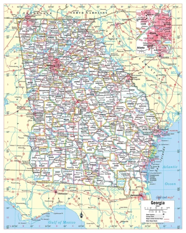 Cool Owl Maps Georgia State Wall Map Poster Rolled 24"Wx30"H (Paper)