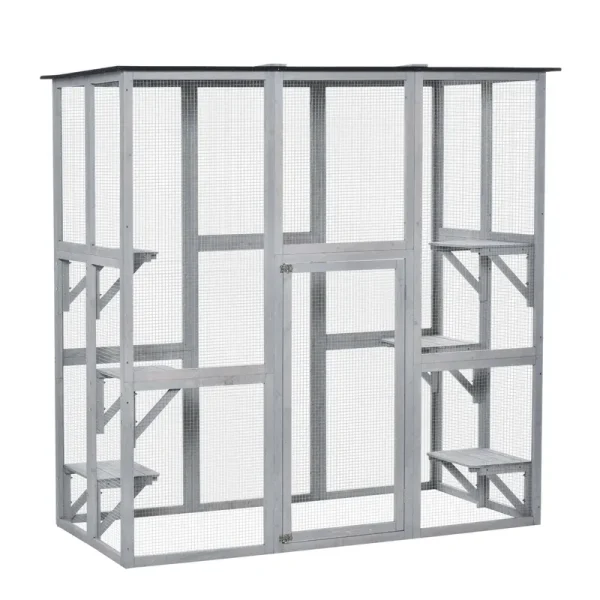 Pawhut Wooden Catio Enclosure with Weather Protection, 6 Platforms, Outdoor, Large, 71" x 38.5" x 71"