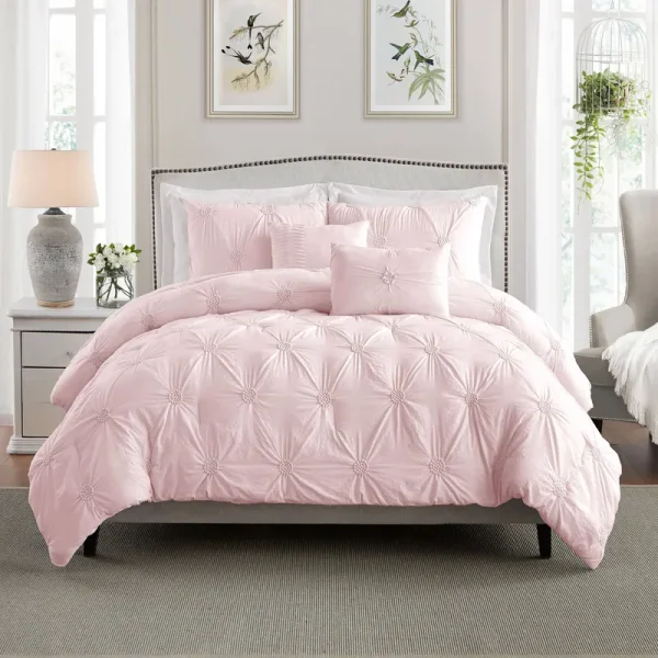 Swift Home Premium Floral Pintuck Comforter Set Full/Queen Rose Blush