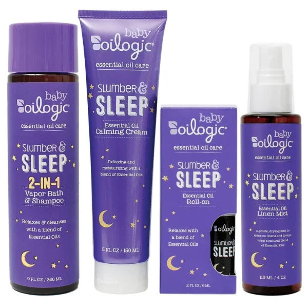 Oilogic, Baby Sleep Bundle, Essential Oil Roll On .2 oz, Vapor Bath 9 oz, Calming Cream 6 oz, Linen Mist 4 oz