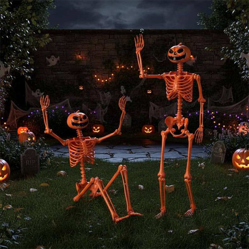 Eletriclife 5.2 FT Orange Pumpkin Head Skeleton Life-Size Poseable Halloween Skeleton for Indoor Outdoor Decor