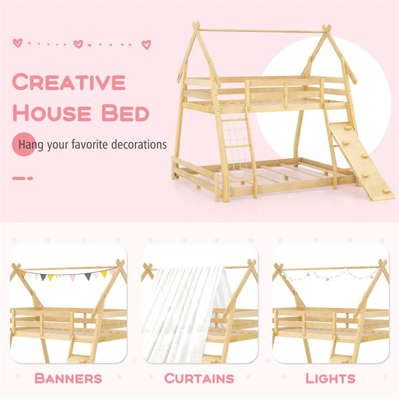 Eletriclife Twin Over Queen House Bunk Bed with Climbing Nets & Ramp for Kids Adults