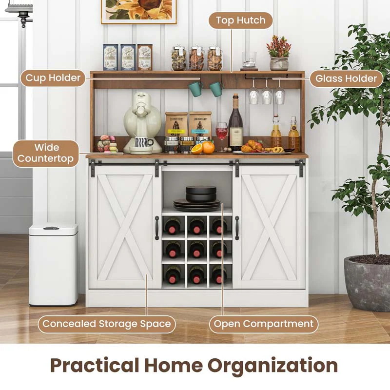 Eletriclife Farmhouse Coffee Bar Cabinet with Built-in Charging Station & 2 Sliding Barn Doors