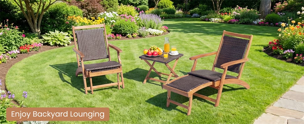 Eletriclife 3-Piece Patio Lounge Chair Set Acacia Wood Rattan Wicker Folding Chaise Lounge with Retractable Ottoman & Side Table