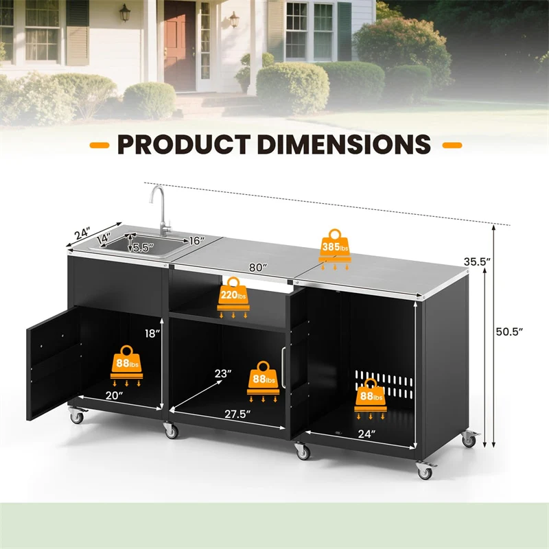 Eletriclife 80" Outdoor Grill Table Heavy Duty Metal Grill Cart with Sink & Stainless Steel Countertop