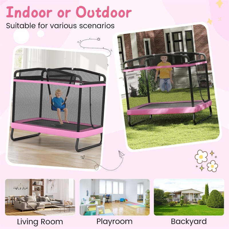 Eletriclife 6FT Kids Rectangle Trampoline with Swing, Horizontal Bar & Safety Enclosure, ASTM Certified for Indoor Outdoor