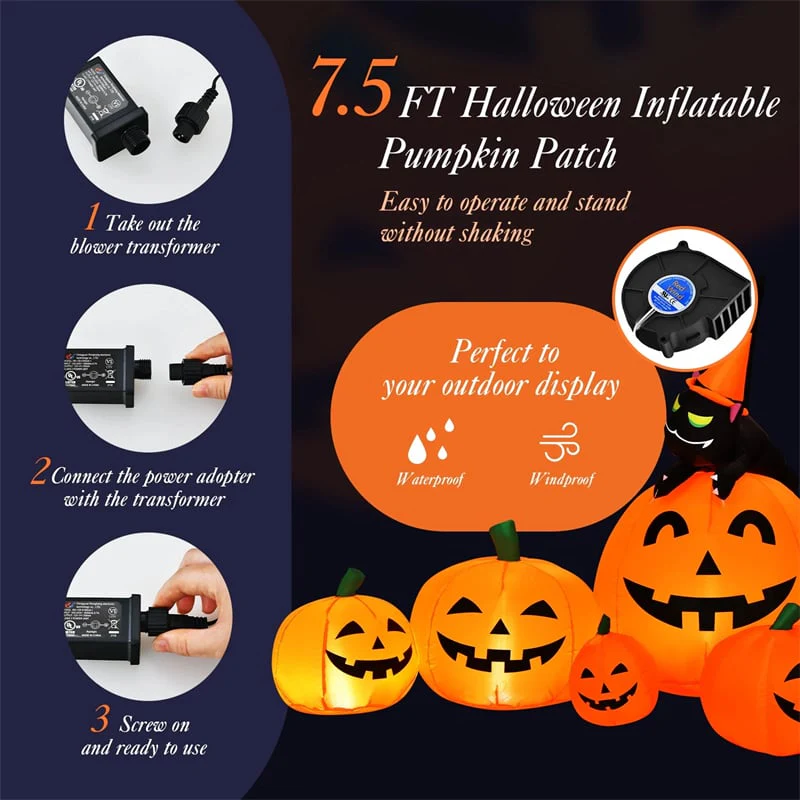 Eletriclife 7.5 FT Halloween Inflatable Pumpkin Combo with Witch Black Cat & LED Lights for Outdoor & Indoor Decorations