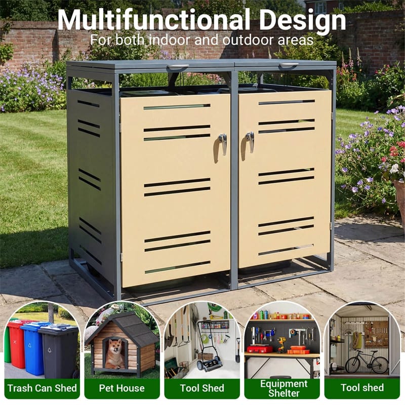Eletriclife 44 Cu.Ft Outdoor Metal Trash Can Storage Shed Double Garbage Can Enclosure with Gas Strut & Shock Absorber for Patio, Garden & Backyad