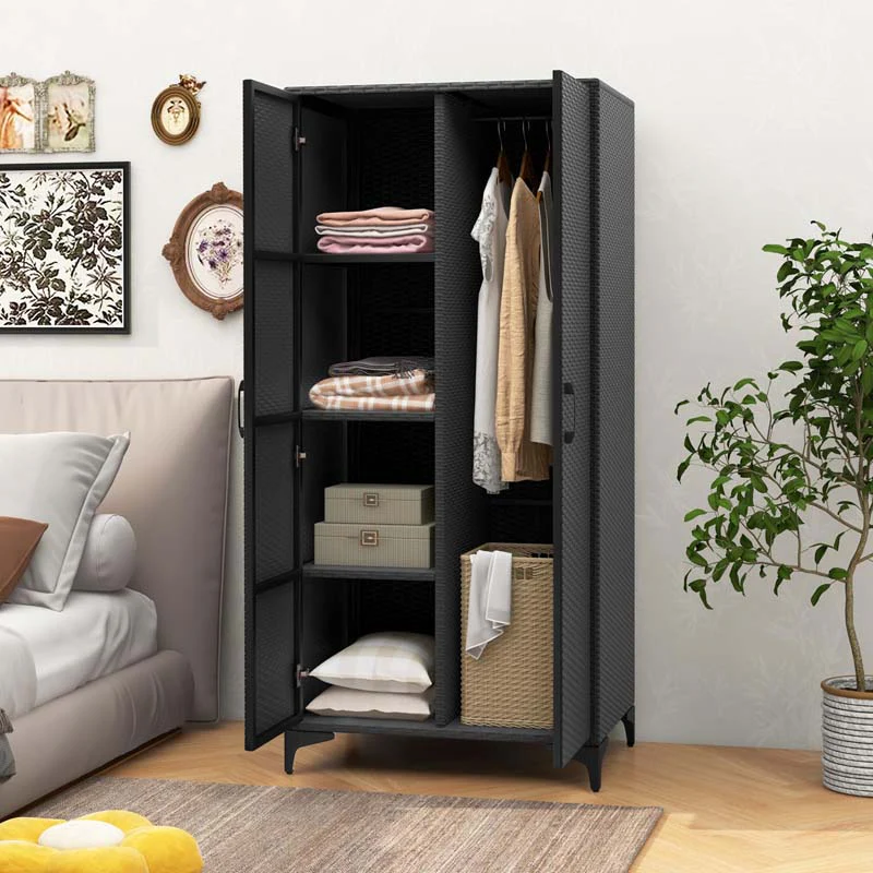 Eletriclife 62 Inch Wicker Wardrobe with 2 Doors PE Rattan Closet with Hanging Rod