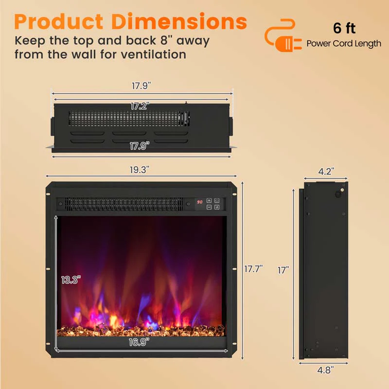 Eletriclife 1500W Electric Fireplace Insert with Remote Control