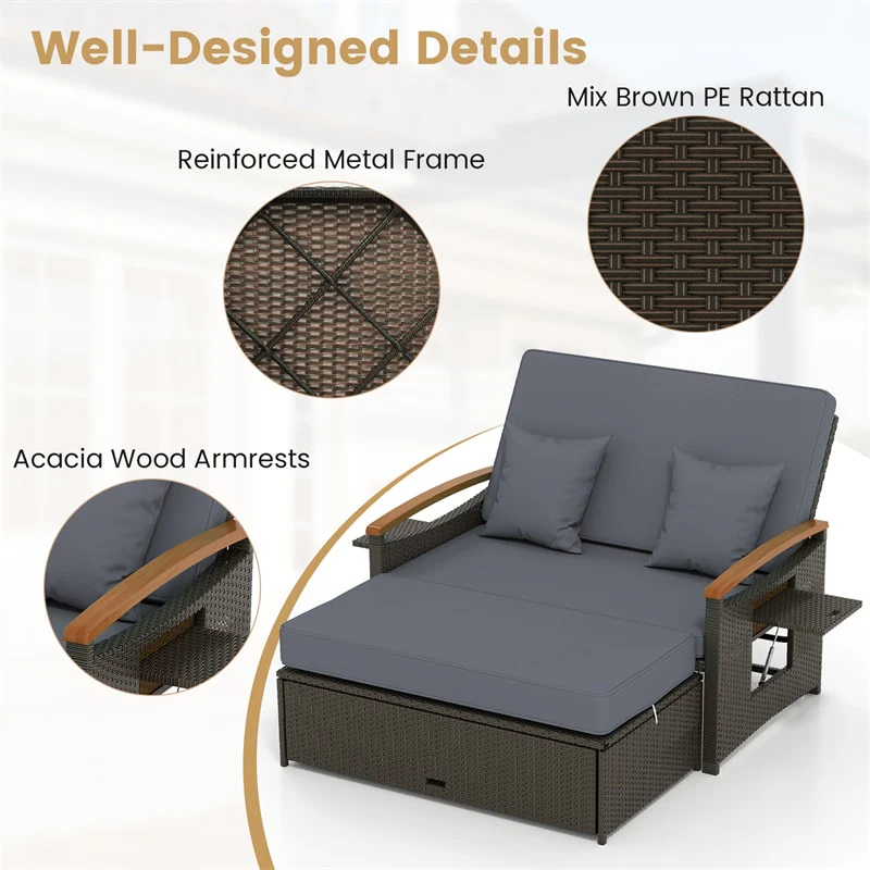 Eletriclife Adjustable Patio Rattan Daybed 2-Person Outdoor Wicker Loveseat with Storage Ottoman