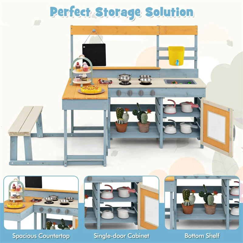 Eletriclife 2-in-1 Fir Wood Outdoor Mud Kitchen & Kids Picnic Table Built-in Bench & Blackboard