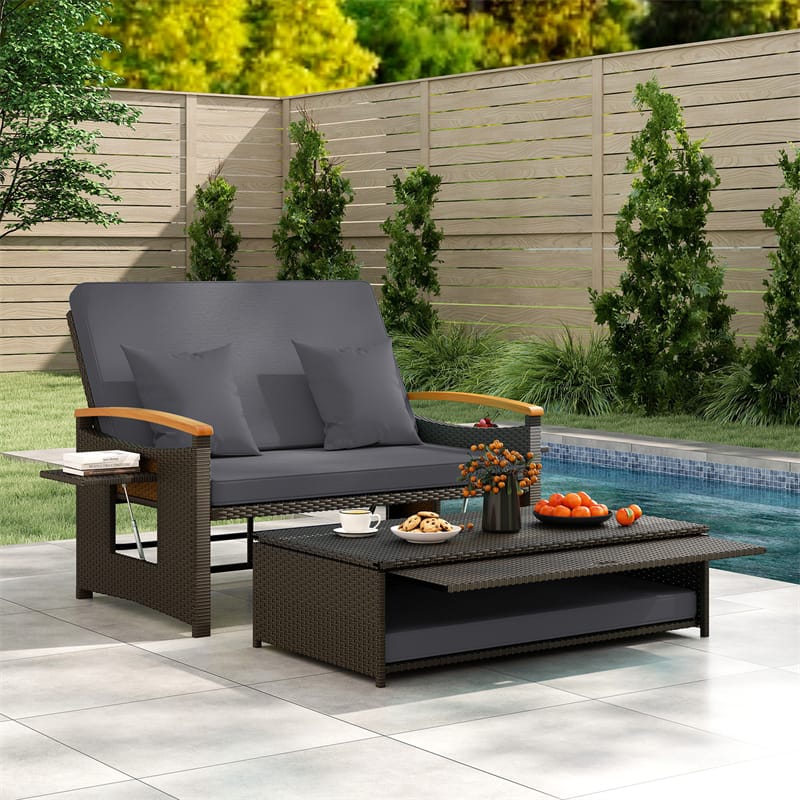 Eletriclife Adjustable Patio Rattan Daybed 2-Person Outdoor Wicker Loveseat with Storage Ottoman
