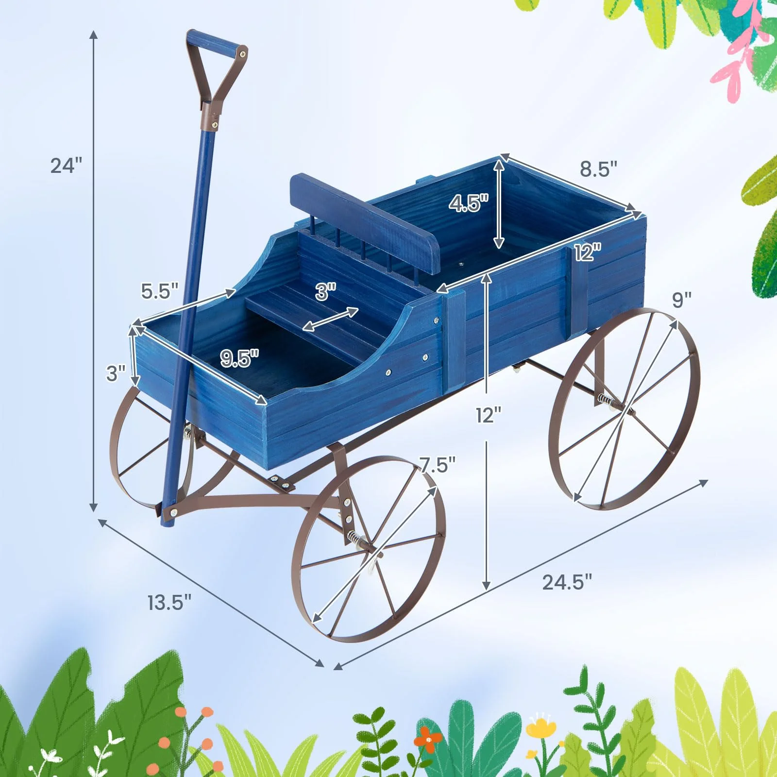 Eletriclife 24.5" x 13.5" x 24" Wooden Wagon Decorative Garden Planter with 2 Planting Sections
