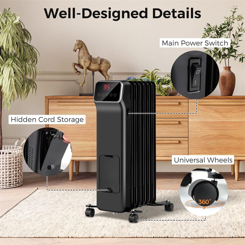 Eletriclife 1500W Oil Filled Radiator Heater with Remote Control, Adjustable Thermostat & 24H Timer for Indoor Use