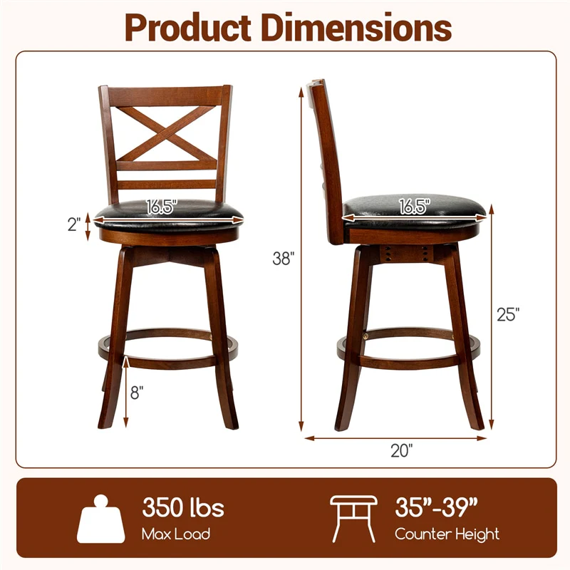 Eletriclife Set of 2 Swivel Counter Height Bar Stools 25" Rubber Wood Barstools with High Back