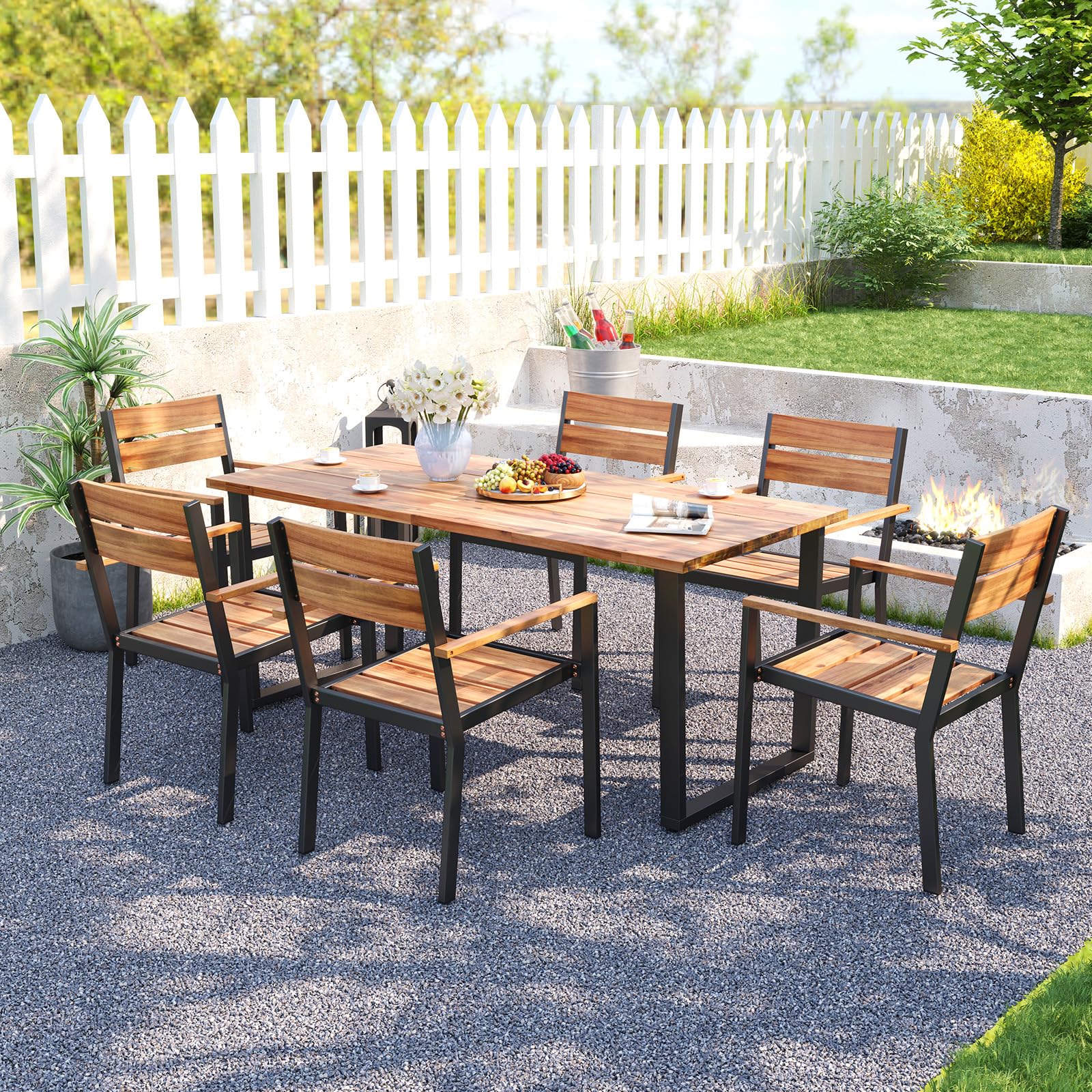 Eletriclife 7 Pieces Acacia Wood Patio Dining Set with 2 Inches Umbrella Hole