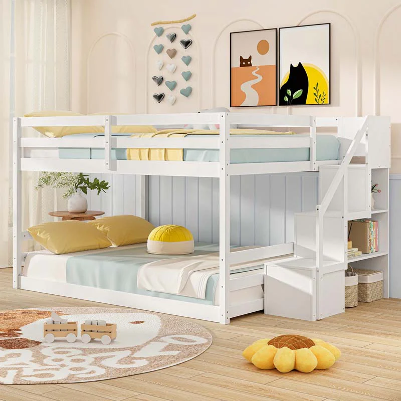 Eletriclife Solid Wood Full Over Full Low Bunk Bed with Storage Stairs