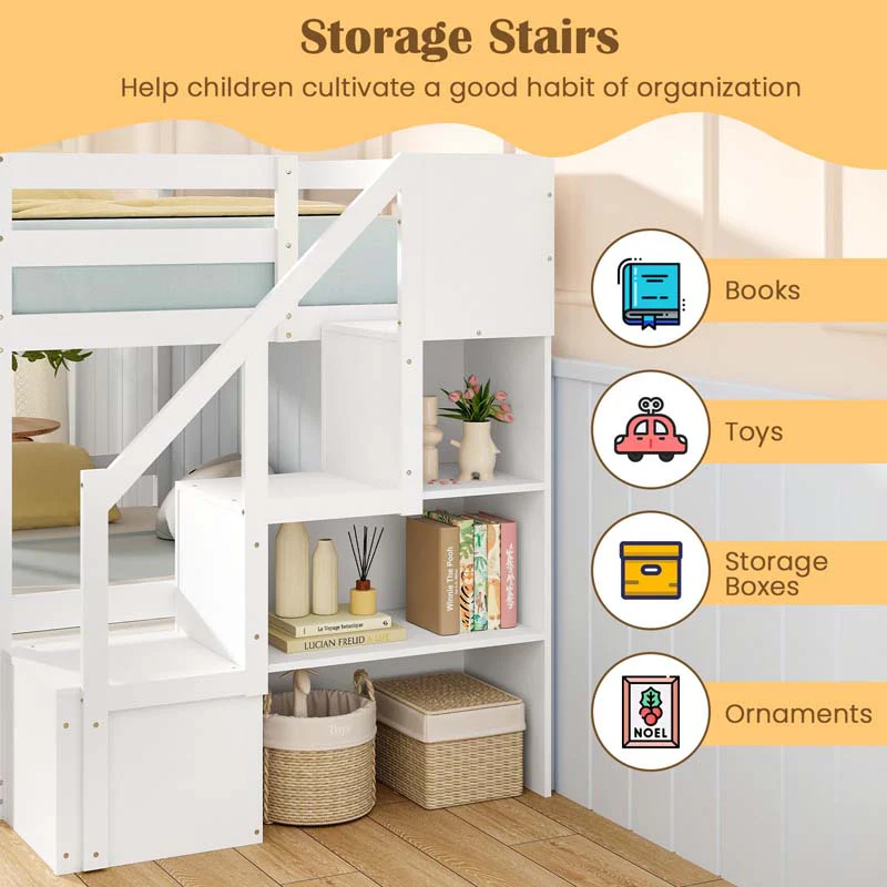 Eletriclife Twin Over Twin Low Bunk Bed Frame with Storage Stairs