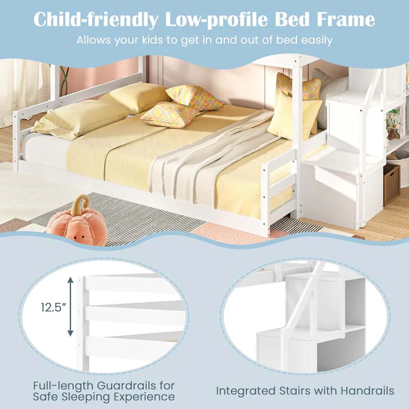 Eletriclife Solid Wood Twin Over Full Low Bunk Bed with Storage Stairs