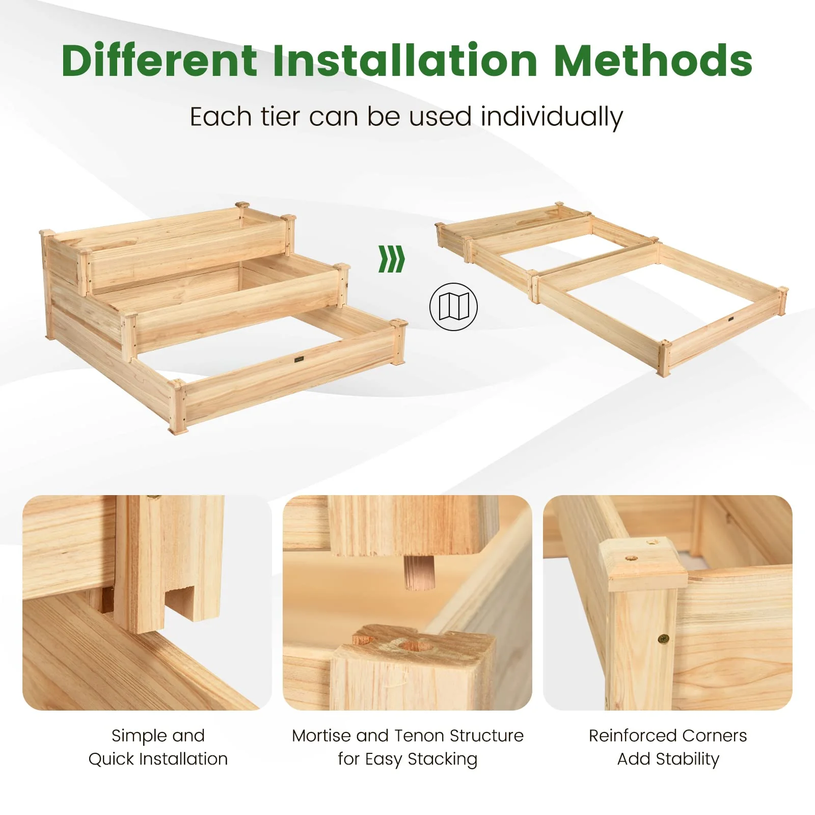 Eletriclife 49" x 49" x 22" 3-Tier Raised Garden Bed Fir Wood Elevated Planter Box