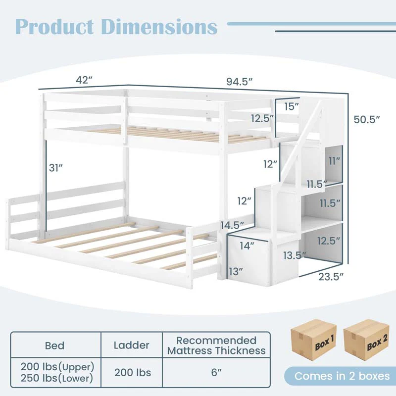 Eletriclife Solid Wood Twin Over Full Low Bunk Bed with Storage Stairs