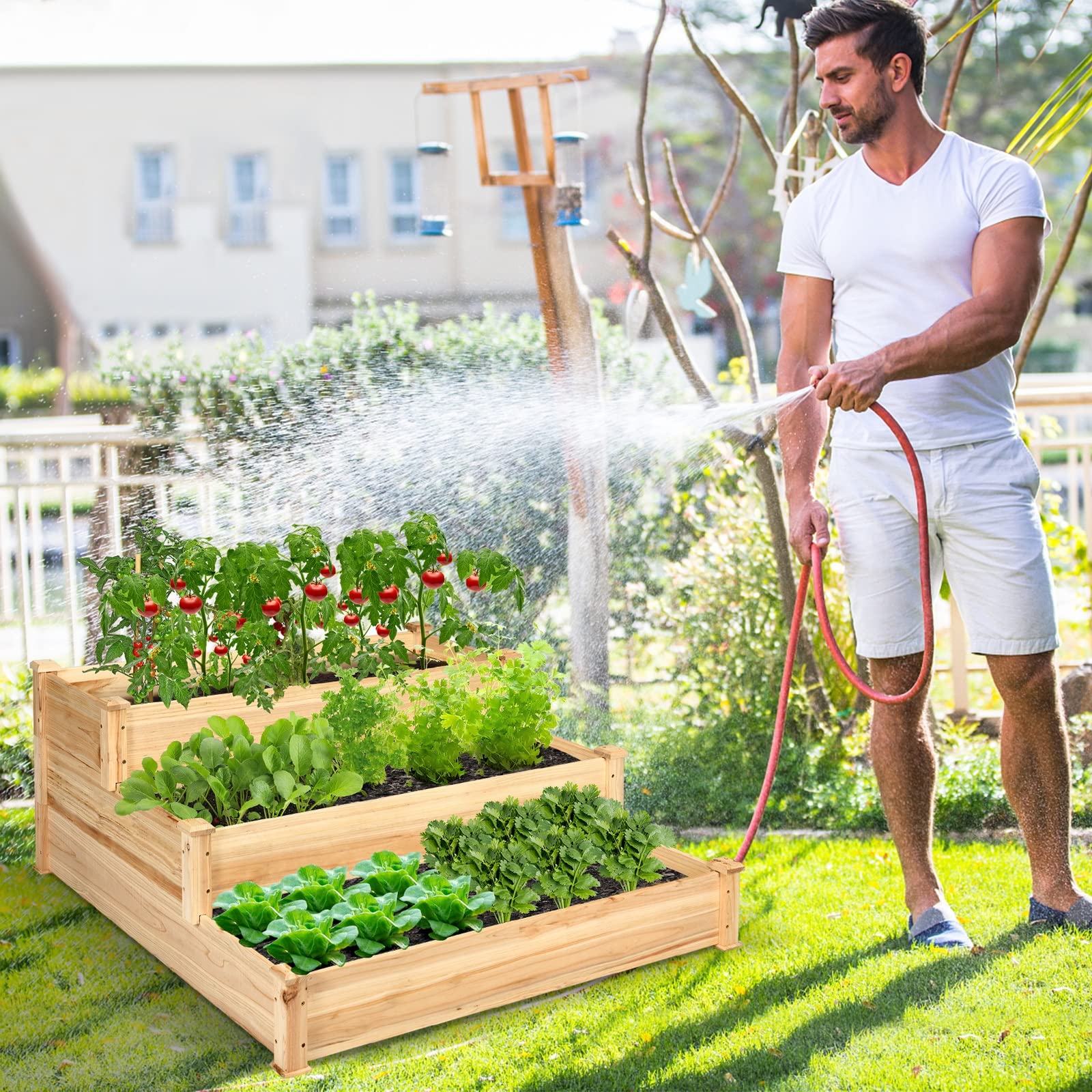 Eletriclife 49" x 49" x 22" 3-Tier Raised Garden Bed Fir Wood Elevated Planter Box