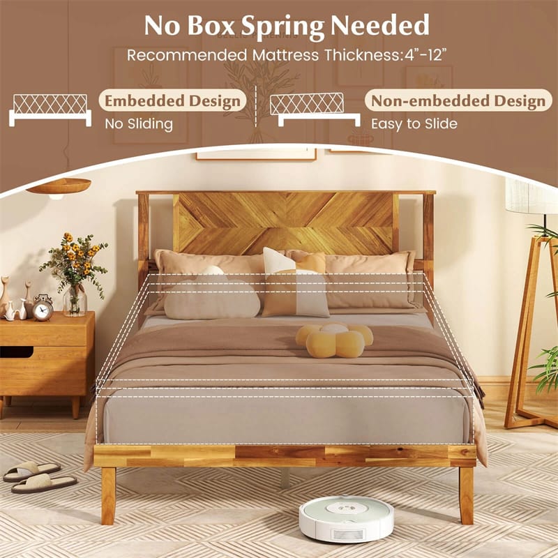 Eletriclife Twin/Full/Queen Size Acacia Wood Platform Bed Frame with Headboard & Under-Bed Space