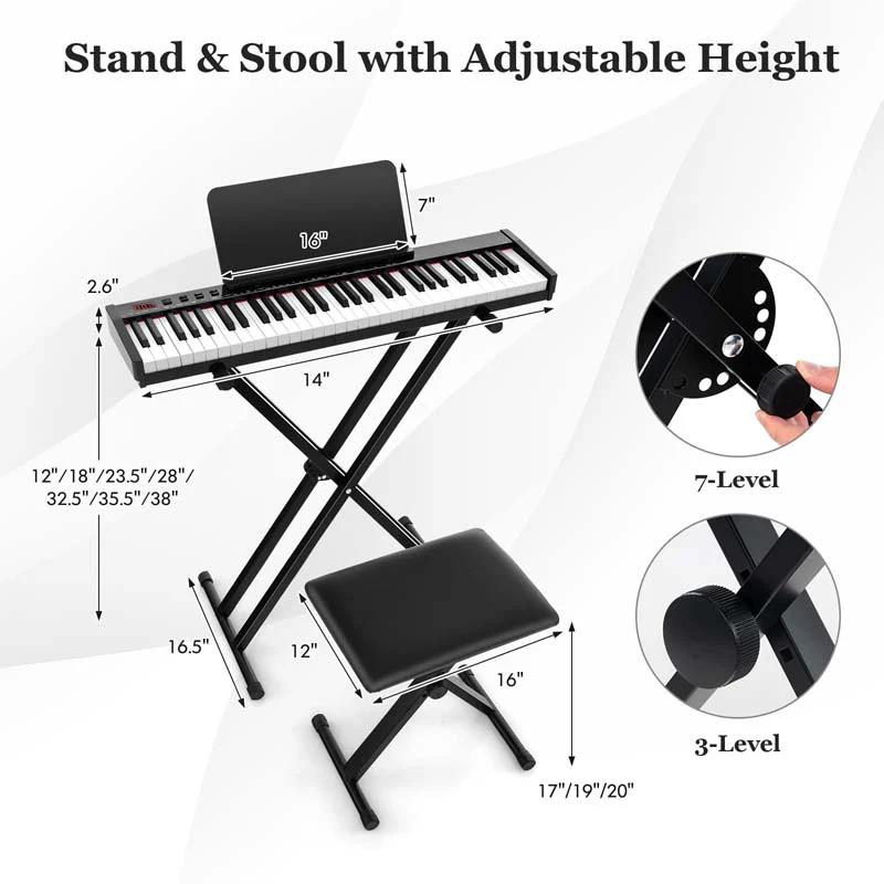Eletriclife 61-Key Portable Electronic Keyboard Digital Piano Set with Stand and Stool