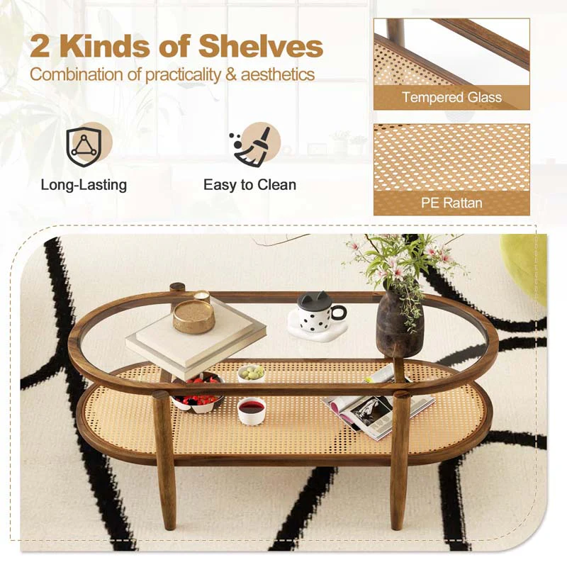 Eletriclife 2-Tier Coffee Table with Tempered Glass Tabletop and Acacia Wood Frame