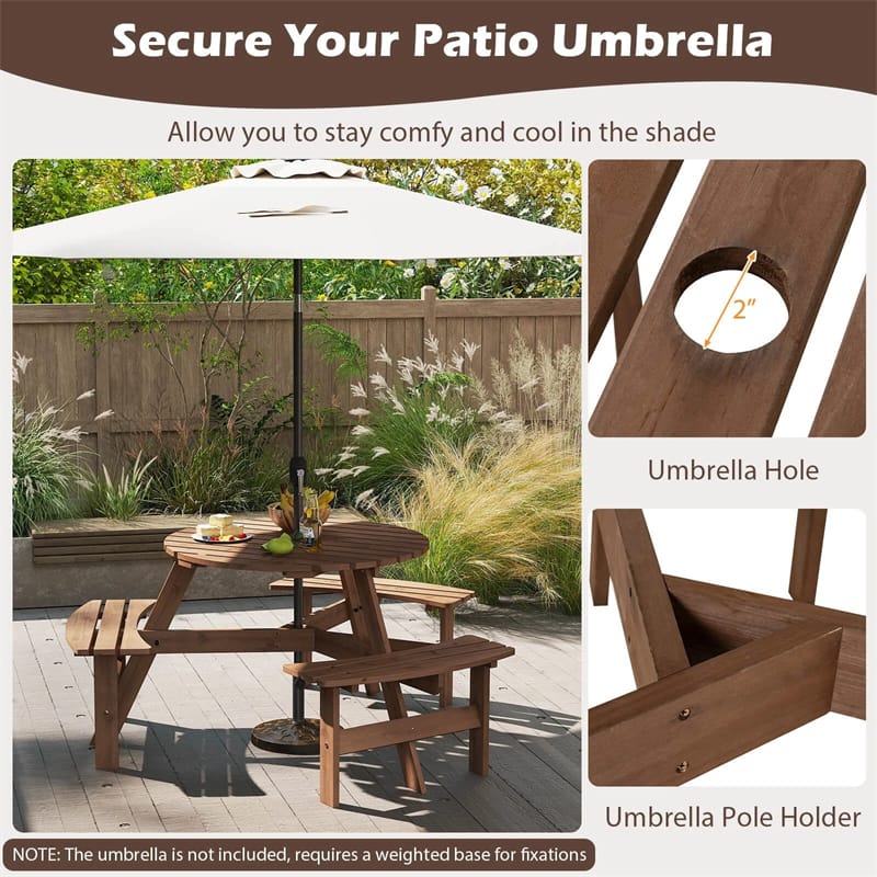 Eletriclife 6-Person Outdoor Round Wood Picnic Table Set with 3 Built-in Benches & 2" Umbrella Hole