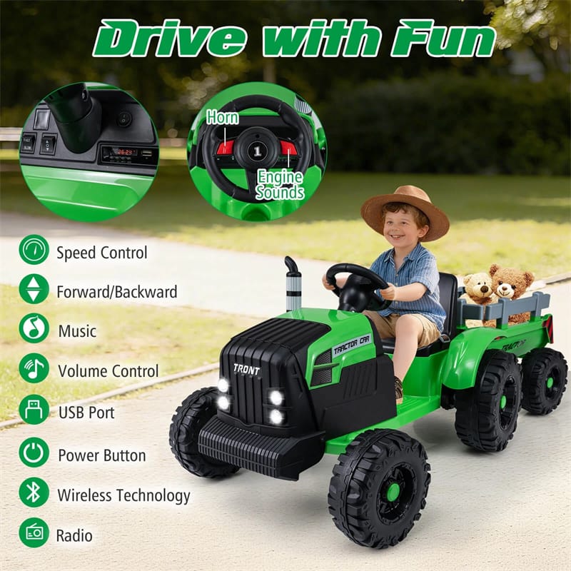 Eletriclife 24V Ride On Tractor with Detachable Trailer & Remote Control for Kids Ages 3
