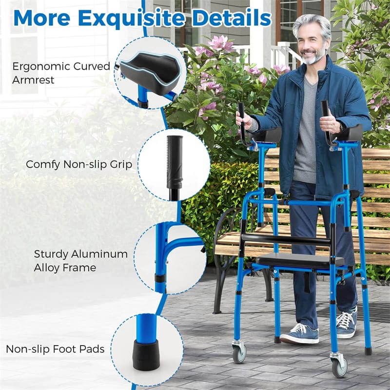 Eletriclife Aluminum Standard Folding Walker Lightweight Stand-Assist Walker with Seat & 5" Wheels for Seniors